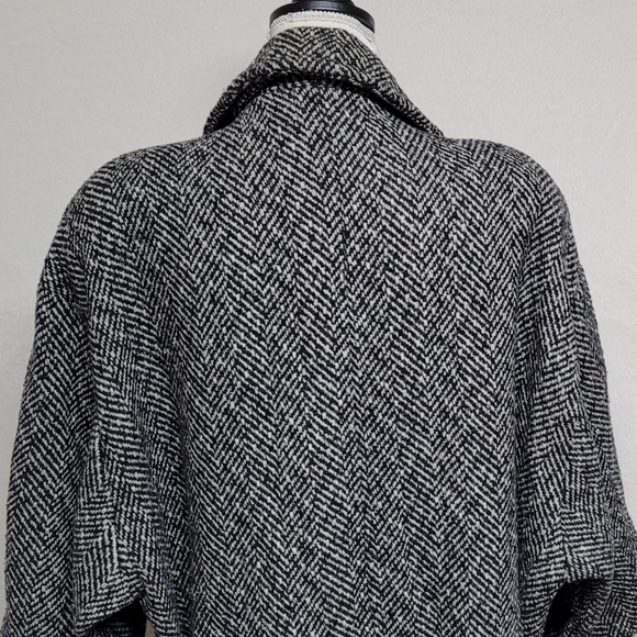 80s Vintage Black Gray Herringbone Wool Balloon Sleeve Longline Trench Coat XL - Picture 11 of 13